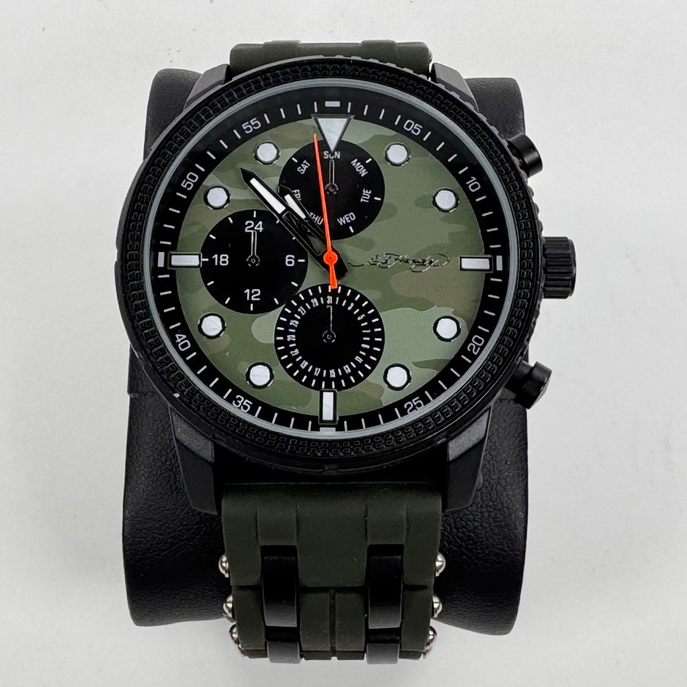 Ed Hardy Mens Camouflage Dial Watch Black Case Green Studded Silicone Band 50444